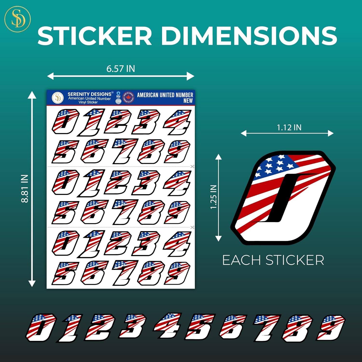 Patriotic American Flag Number Stickers for Helmets, Blue, Red, Black, White