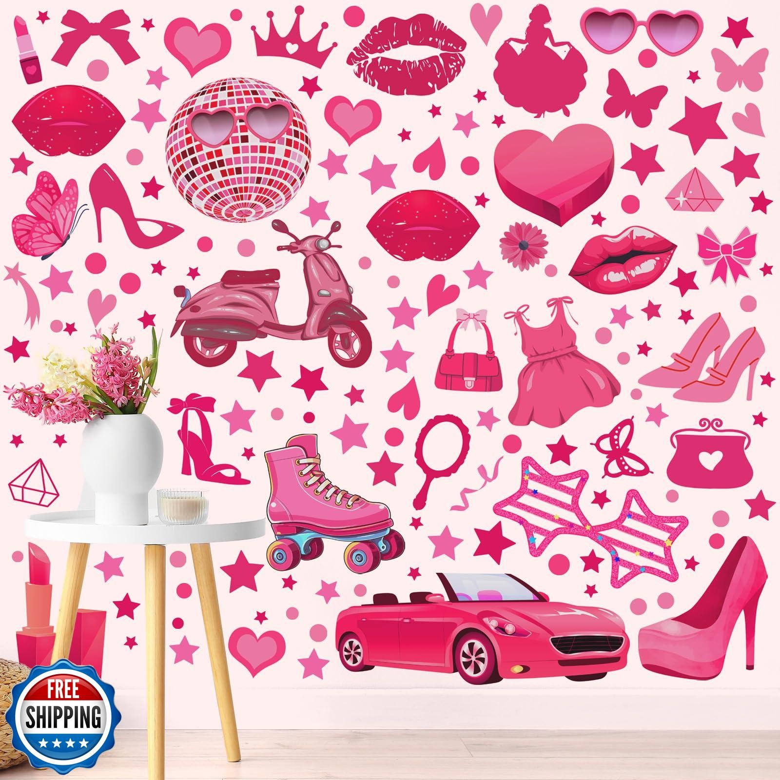 Chivertion 116 Pcs Hot Pink Girl Wall Stickers, Princess Doll Lip Heart Room