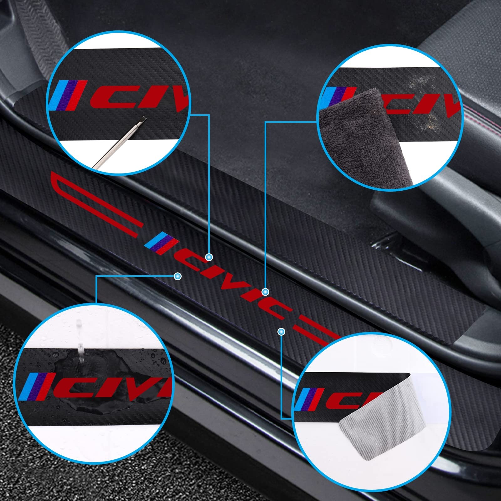 4Pcs Door Sill Protector Reflective 4D Carbon Fiber Sticker for Honda Civic