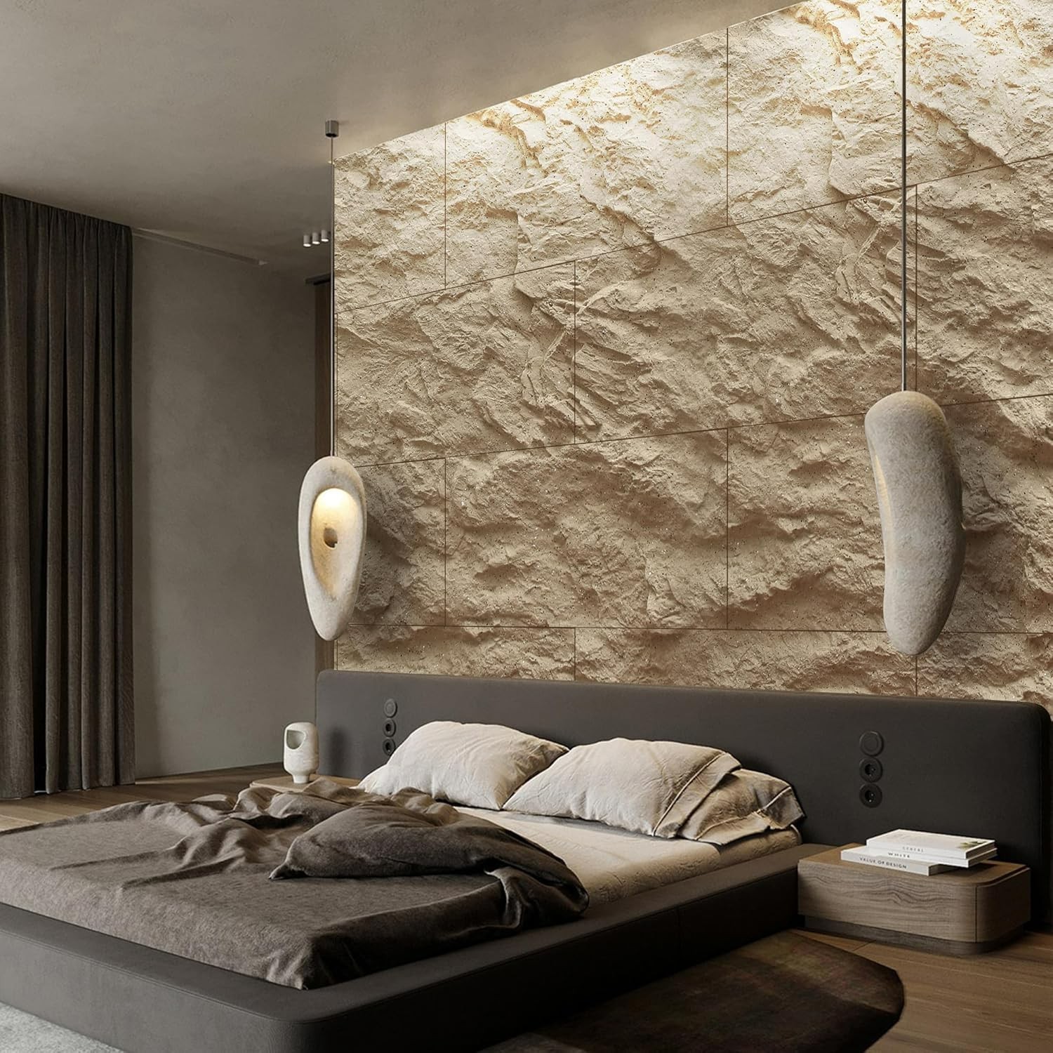 4 PCS 3D Faux Stone Wall Panels -Golden Hemp Cement Texture Wainscoting Decor