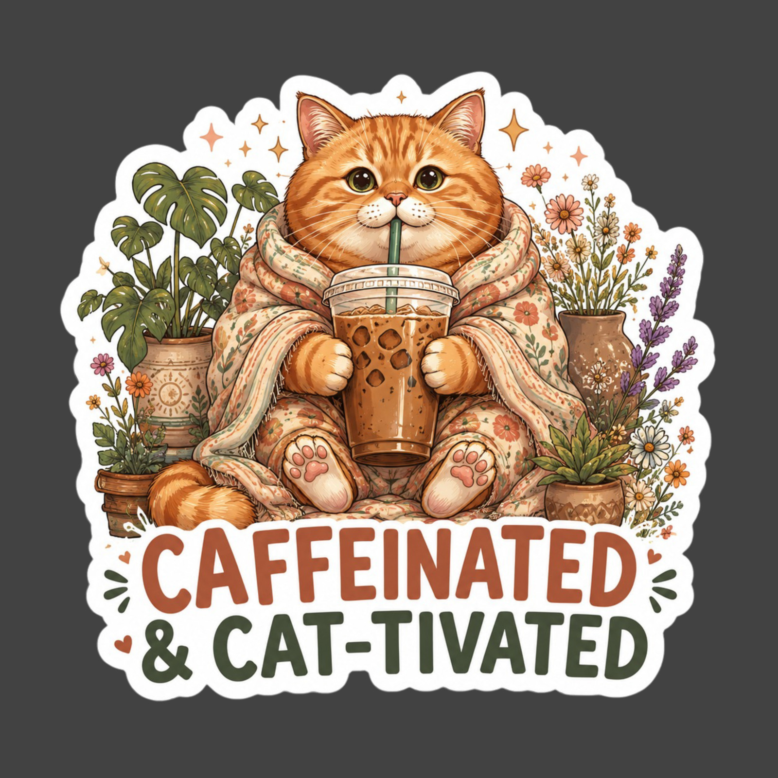 Cat Sticker Vinyl Decal Caffeinated & Cat-Tivated Coffee Lover Plant Mom Cute