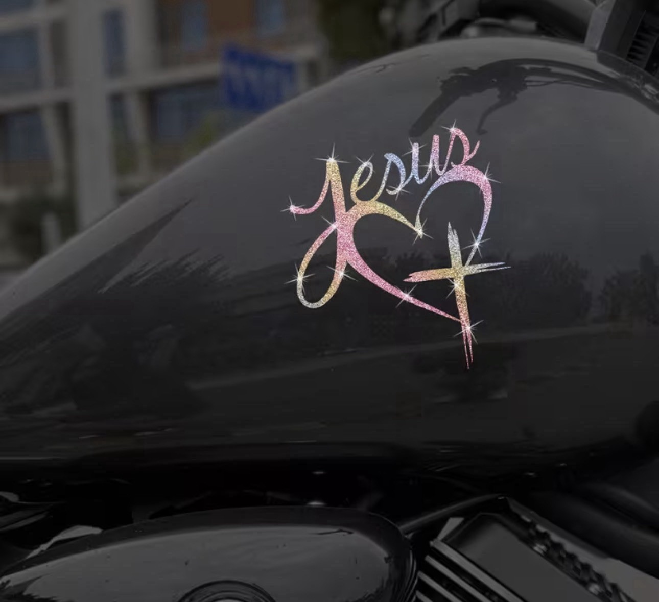 RAINBOW METALLIC GLITTER CROSS HEART 5.5” Jesus Vinyl Sticker Decal Christian