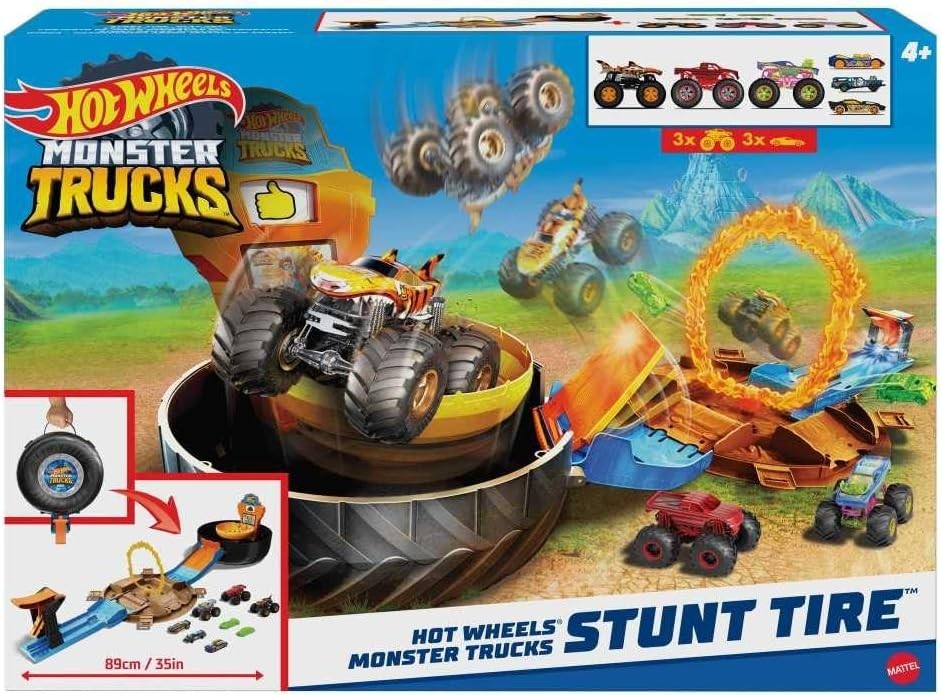 Toy Monster Trucks Playset, Tire-Shaped Case Transforms into Race Course, 3 T…