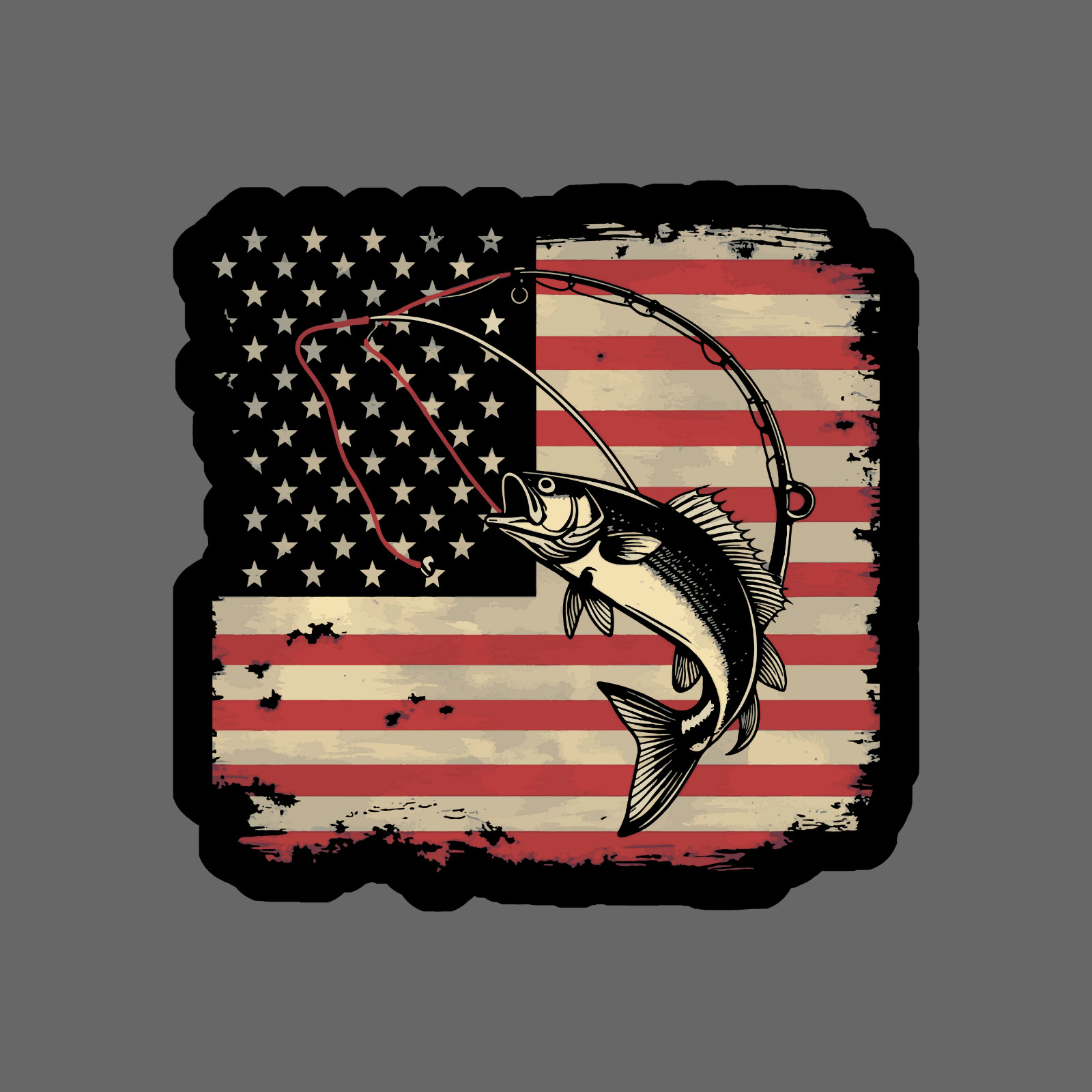 Fishing Sticker Vinyl Decal Patriotic Bass On Flag With Rod Bold Rustic Design