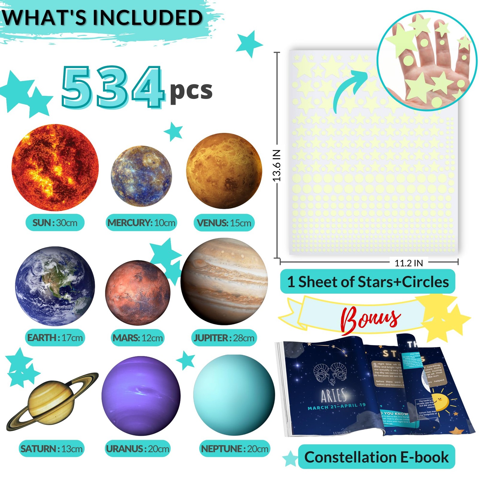 Glow in the Dark Stars and Planets – 534 pcs with Constellation E-Book | Solar