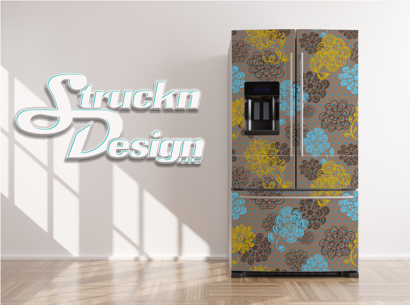 Blue Yellow Brown Flower Pattern Fridge Freezer Wrap Side Door Vinyl Decal