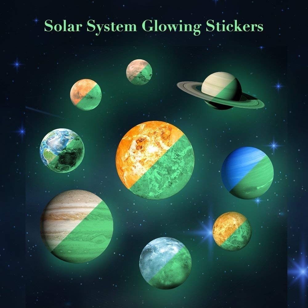 9pcs Removable Glow in The Dark Planet Wall Stickers Sun Earth and so on Glow…
