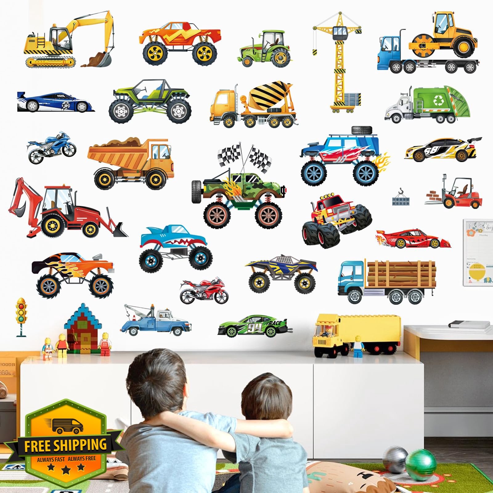 decalmile Cars Construction Vehicles Wall Decals Boys Room Decor