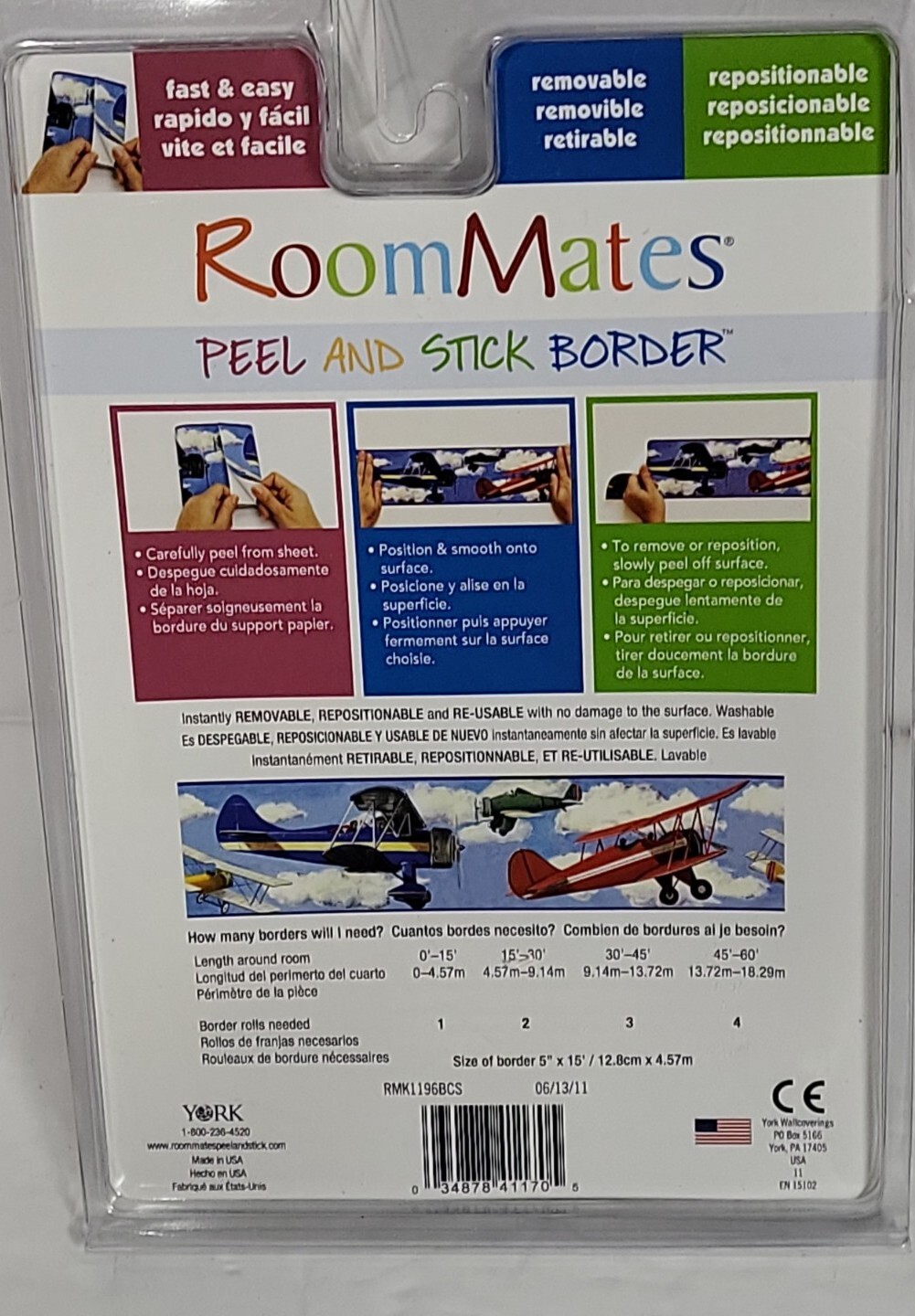 Lot of 3 Room Mates Kids Air Planes Vinyl Removable Peel Stick Wallpaper Border