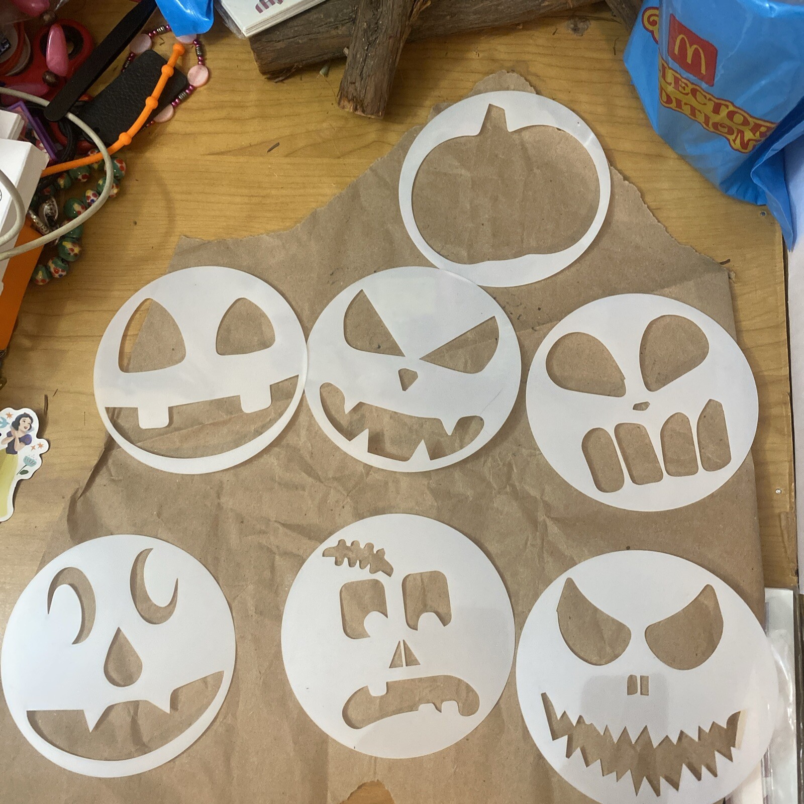 7 PACK Pumpkin Carved Faces Vinyl Decals Halloween Carving 6 In Round