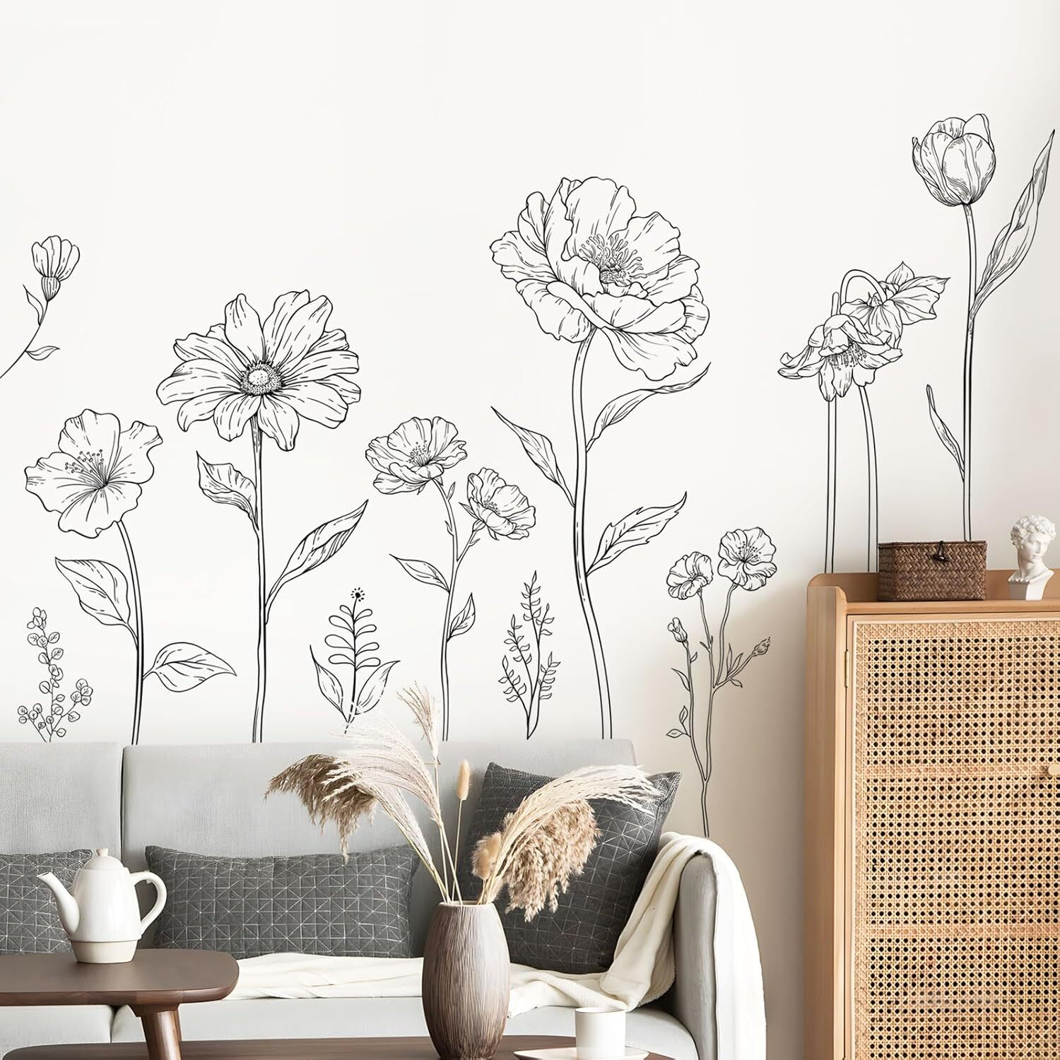 Large Black Boho Flower Wall Decals Simple Sketch Floral Multi-colored