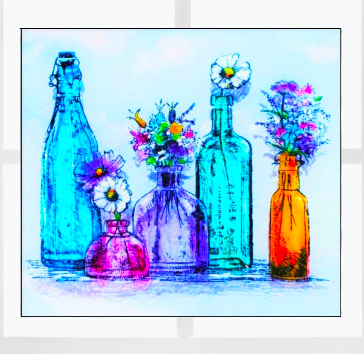 Wildflowers in Colorful Glass Bottles WINDOW CLING Size 9" Repositionable Vinyl