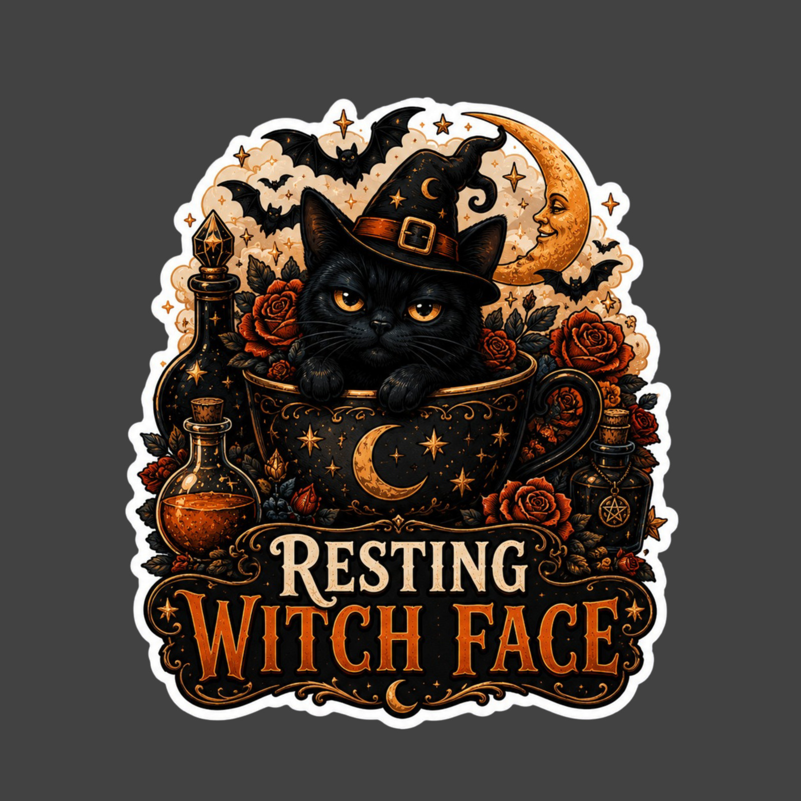 Black Cat Sticker Vinyl Decal Resting Witch Face Halloween Witchy Humor