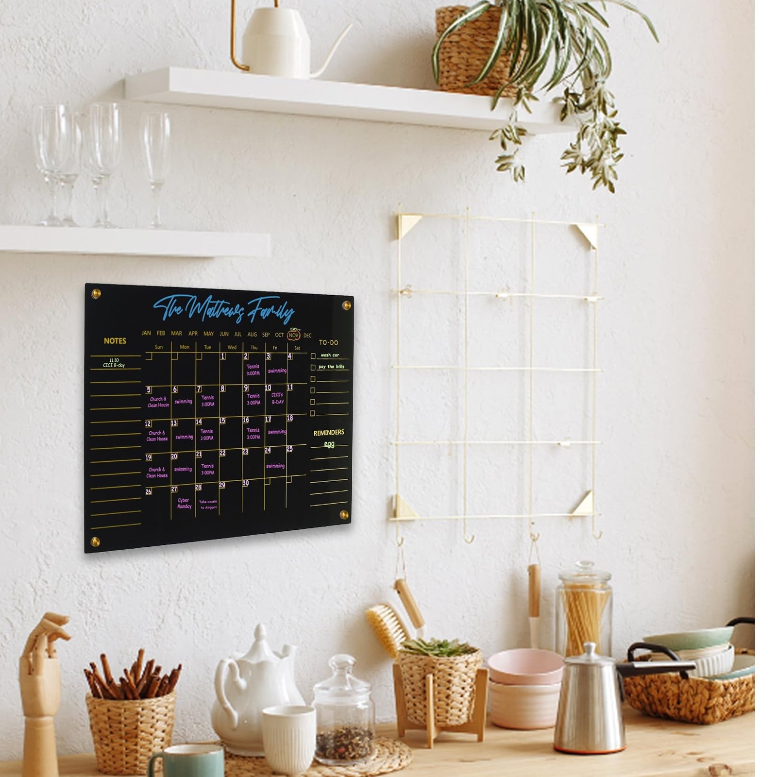 Black Acrylic Calendar Dry Erase for Wall, Family Planner, Monthly Calendar D…