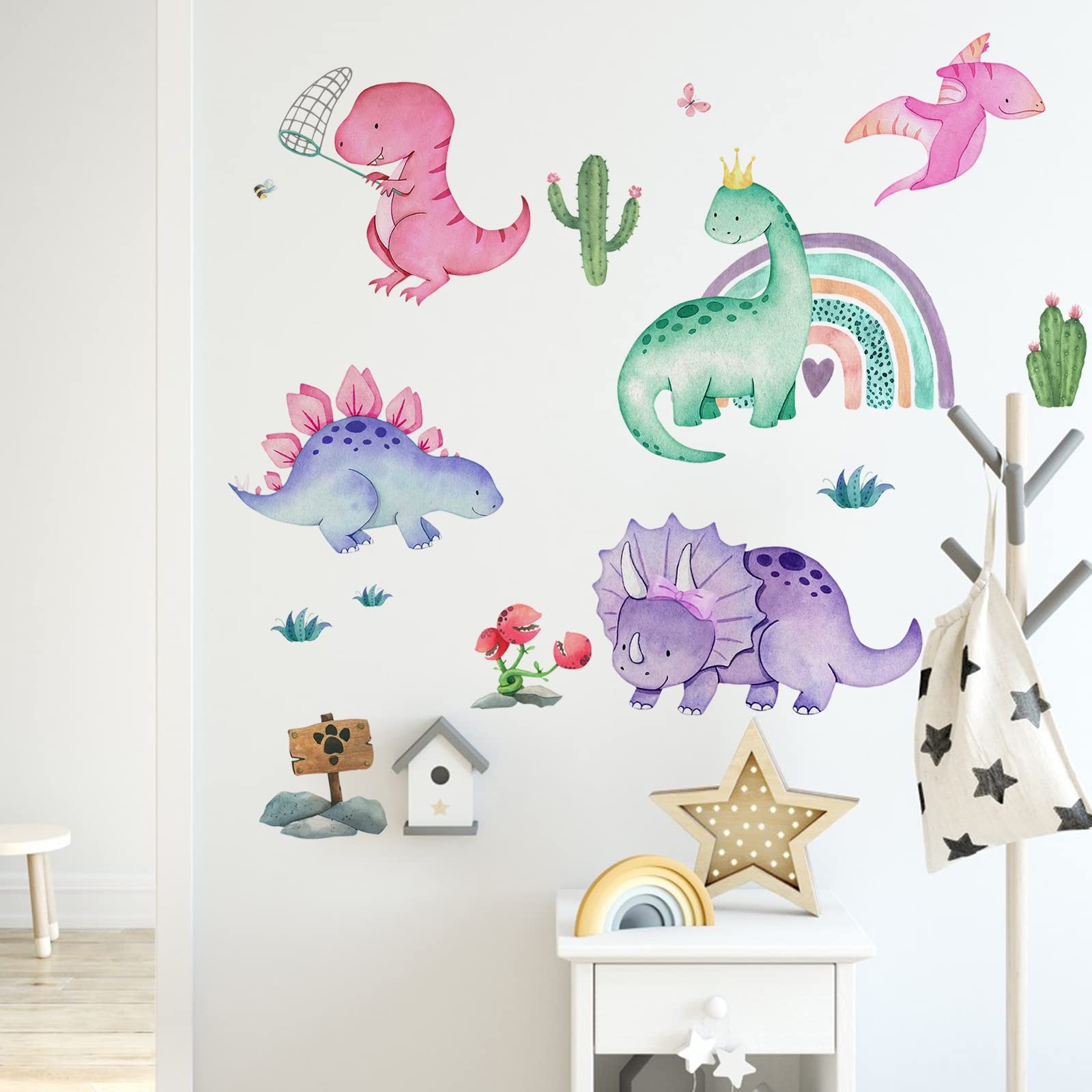 Watercolor Girls Dinosaur Wall Decals Stickers, Dino Rainbow Cactus Nursery D…