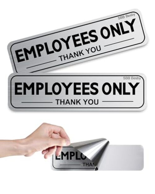 2pcs Employees Only Sign Stickers, Metal like Brushed Silver, 9"x2.5", Back