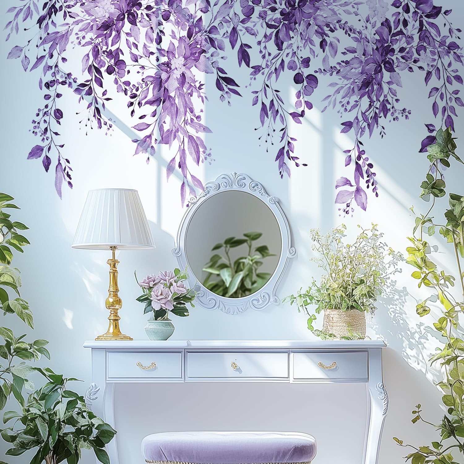 Purple Plants Leaves Wall Decals Peel and Stick, Large Floral Flowers Wall St…