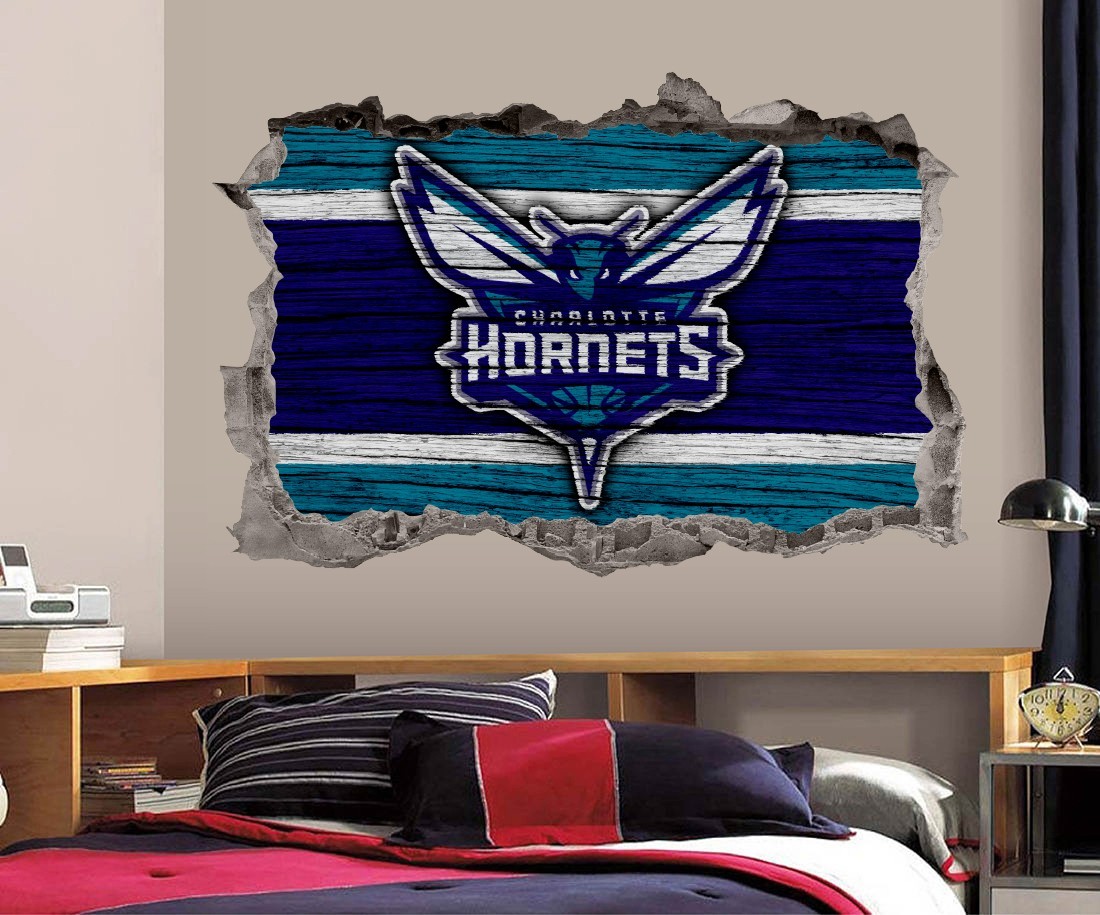 Charlotte Hornets Wall Art Decal Logo 3D Smashed Basketball Print Decor Sticker