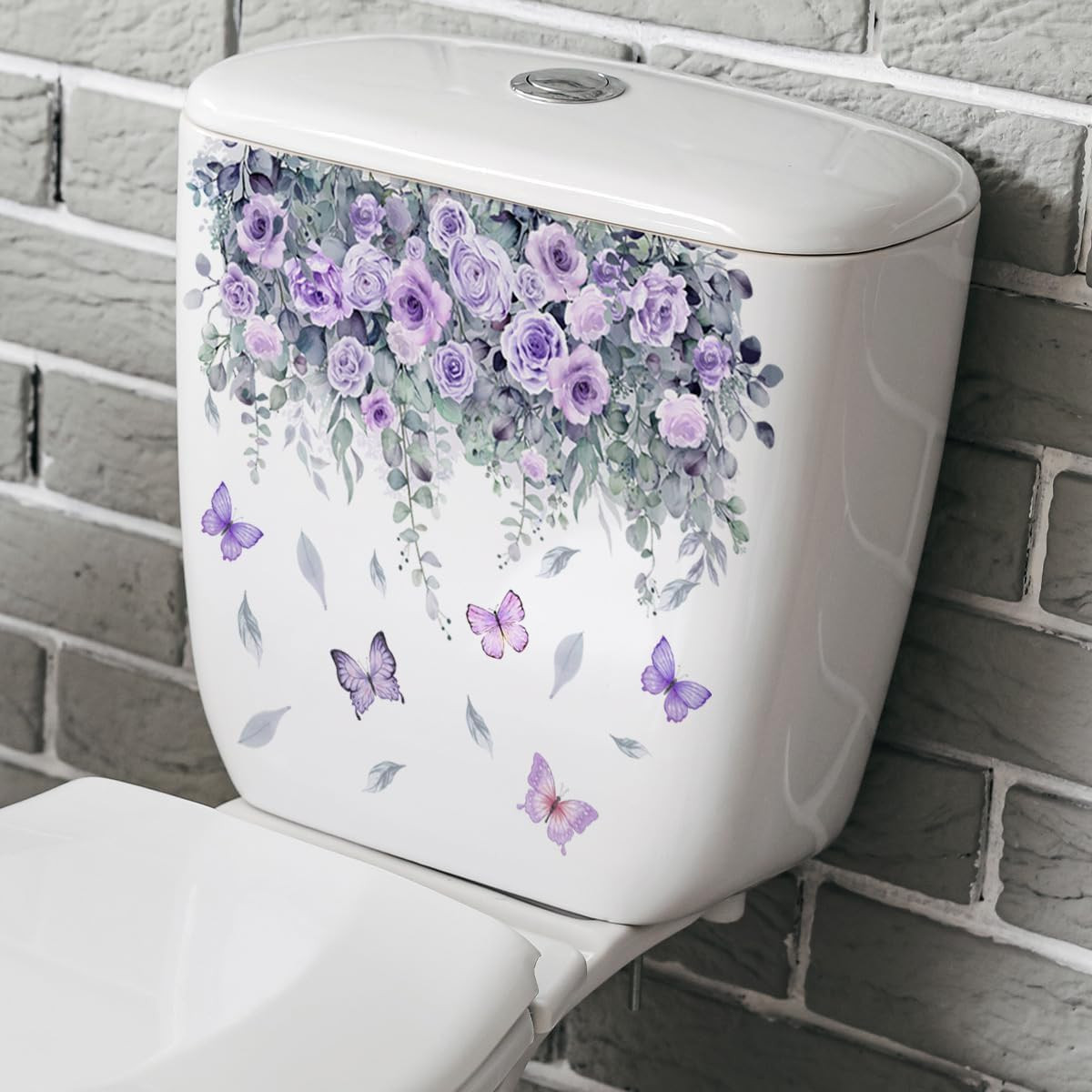 Botanical Bathroom Stickers with Purple Roses, Waterproof Removable Decals for T