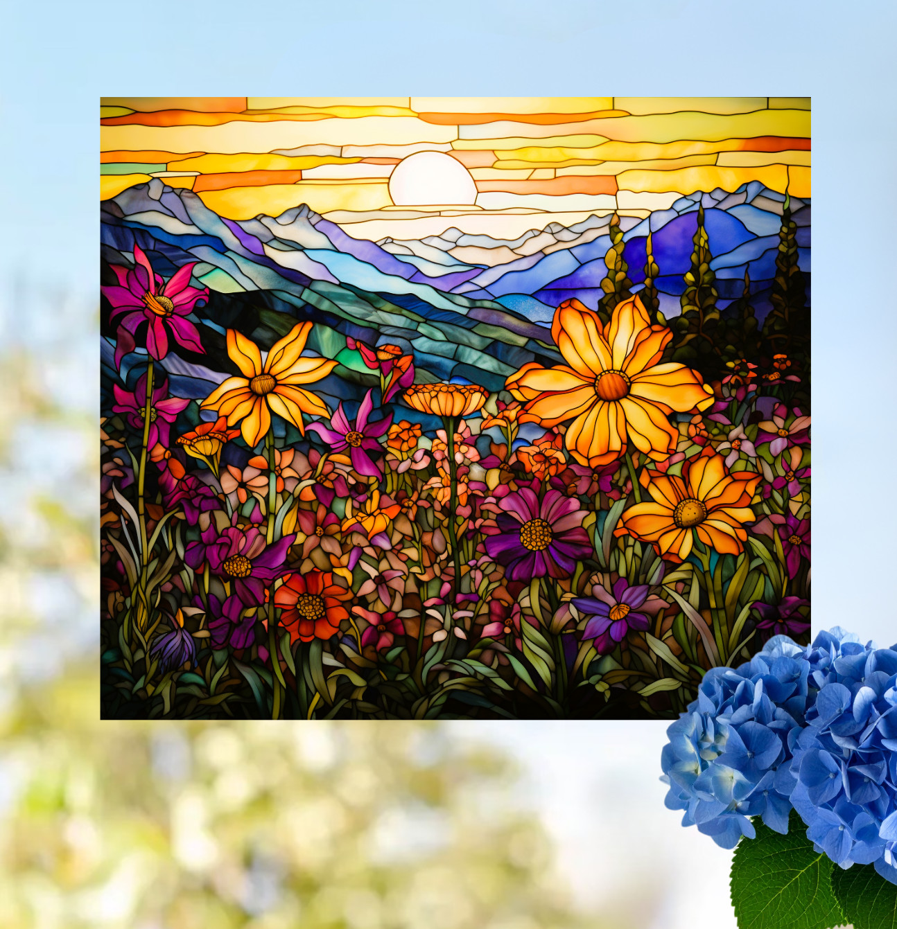 Wildflowers, Mountains & Sunset Faux Stained-Glass WINDOW CLING Size 9.1" Vinyl