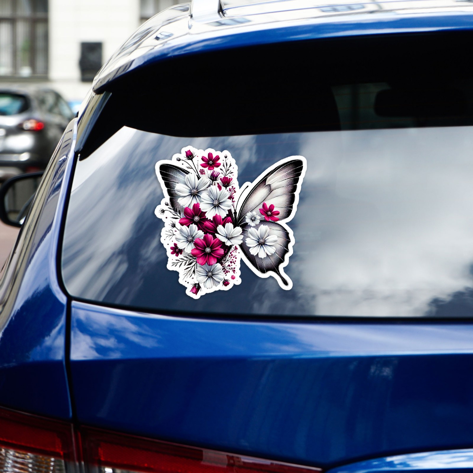 White & Pink Flower Butterfly – Vinyl Decal Sticker – Car Window Laptop – #215