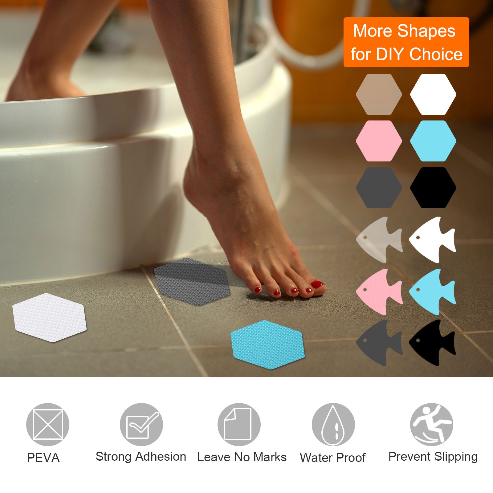 24pcs Non-Slip Bathtub Stickers Set 3.15" Hexagon Shower Sticker Black