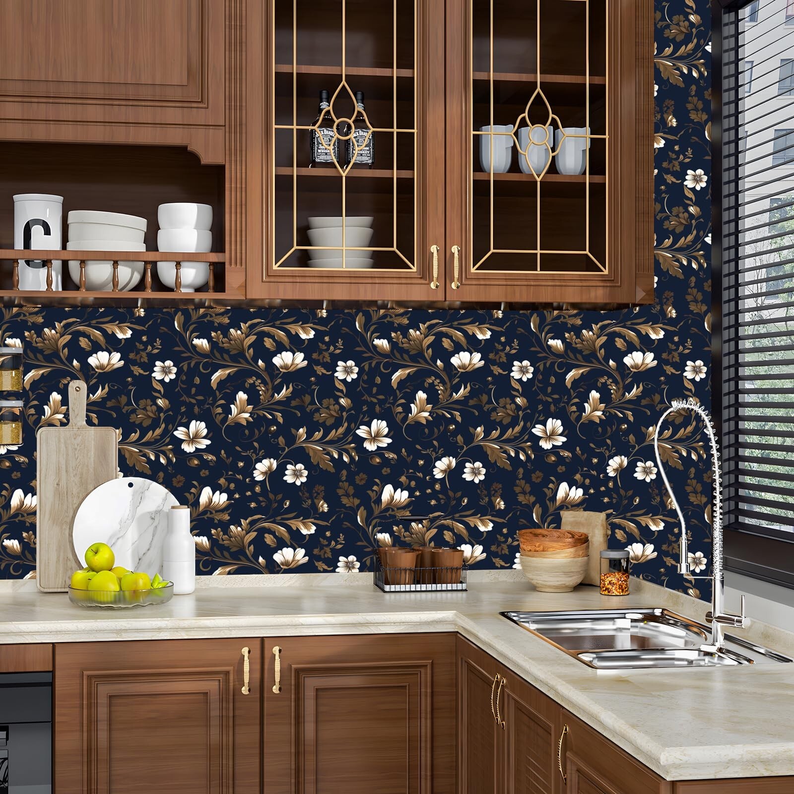 Gold Leaf Wallpaper Peel and Stick Vintage Leaf Contact Paper Dark Blue Flora…