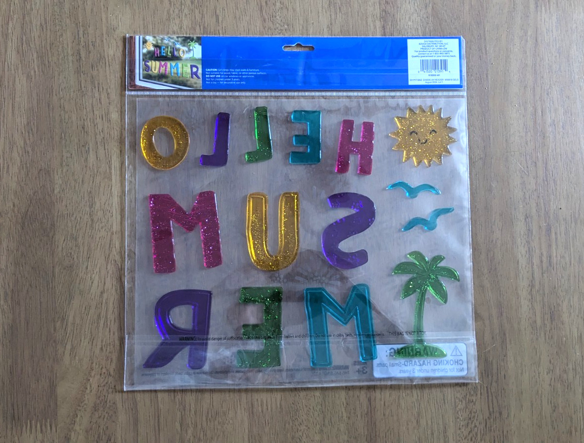 Hello Summer Colorful Window Gel Clings Stickers text palm tree bird sun decor