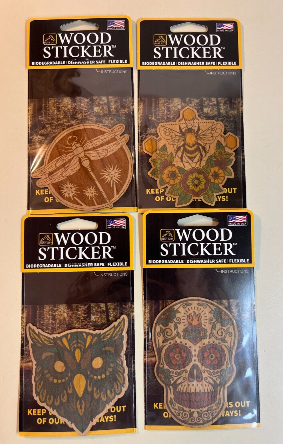 Dust City Wood 4 Stickers Lot Back to School, Nature- Dragonfly, Bee, Owl, Skull
