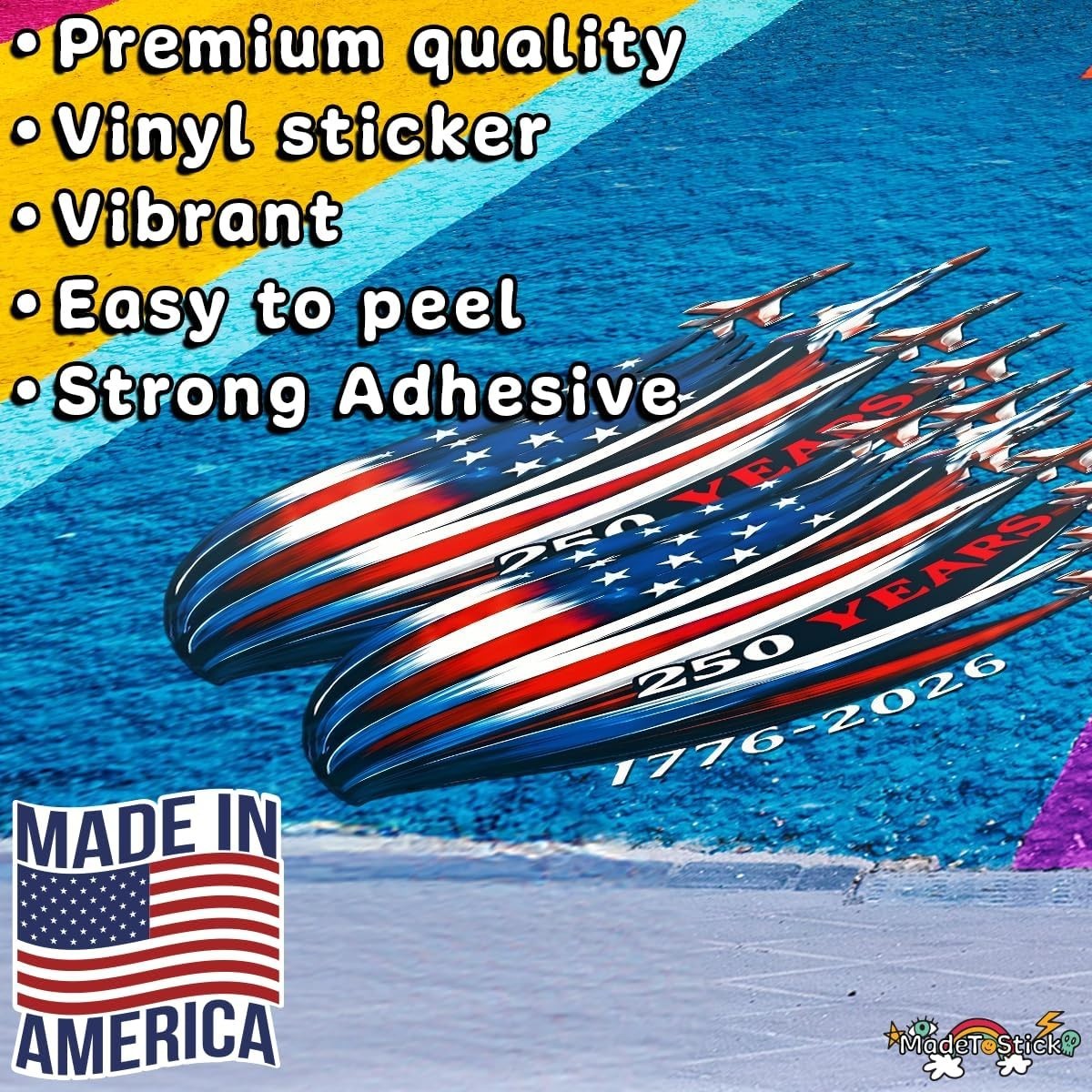 America 250 USA 250th Anniversary Patriotic Flag Jets 2-Pack Vinyl Decal 5"x4.3"