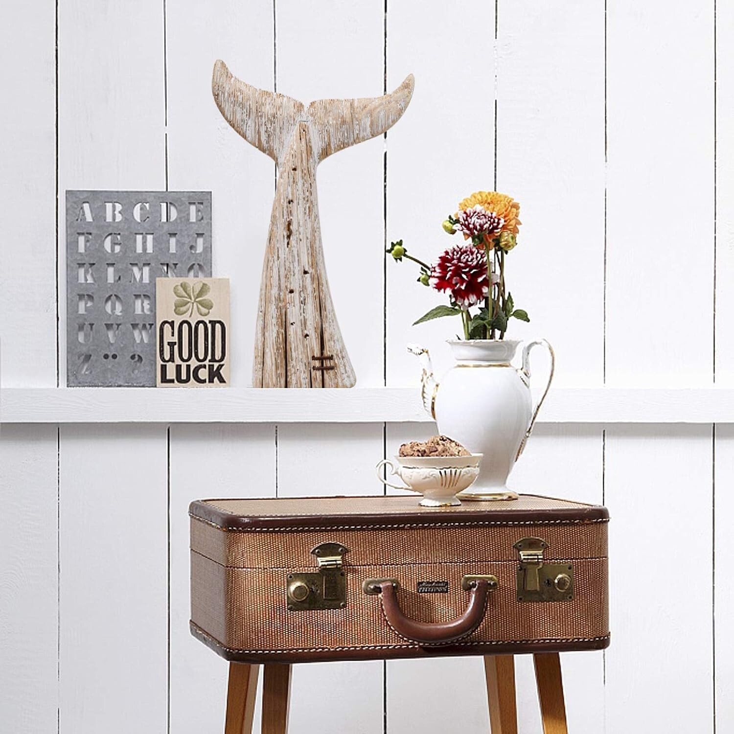 Nautical Home Decor Wood Whale Tail Tabletop Statue Decorative Rustic Sculpture(