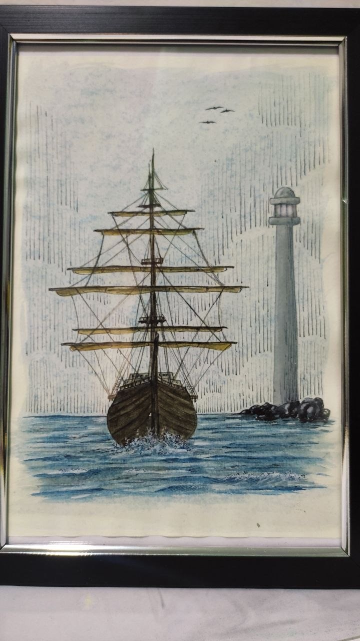 Original Watercolor Painting Ship Lighthouse Framed Nautical Wall Art Handpaint