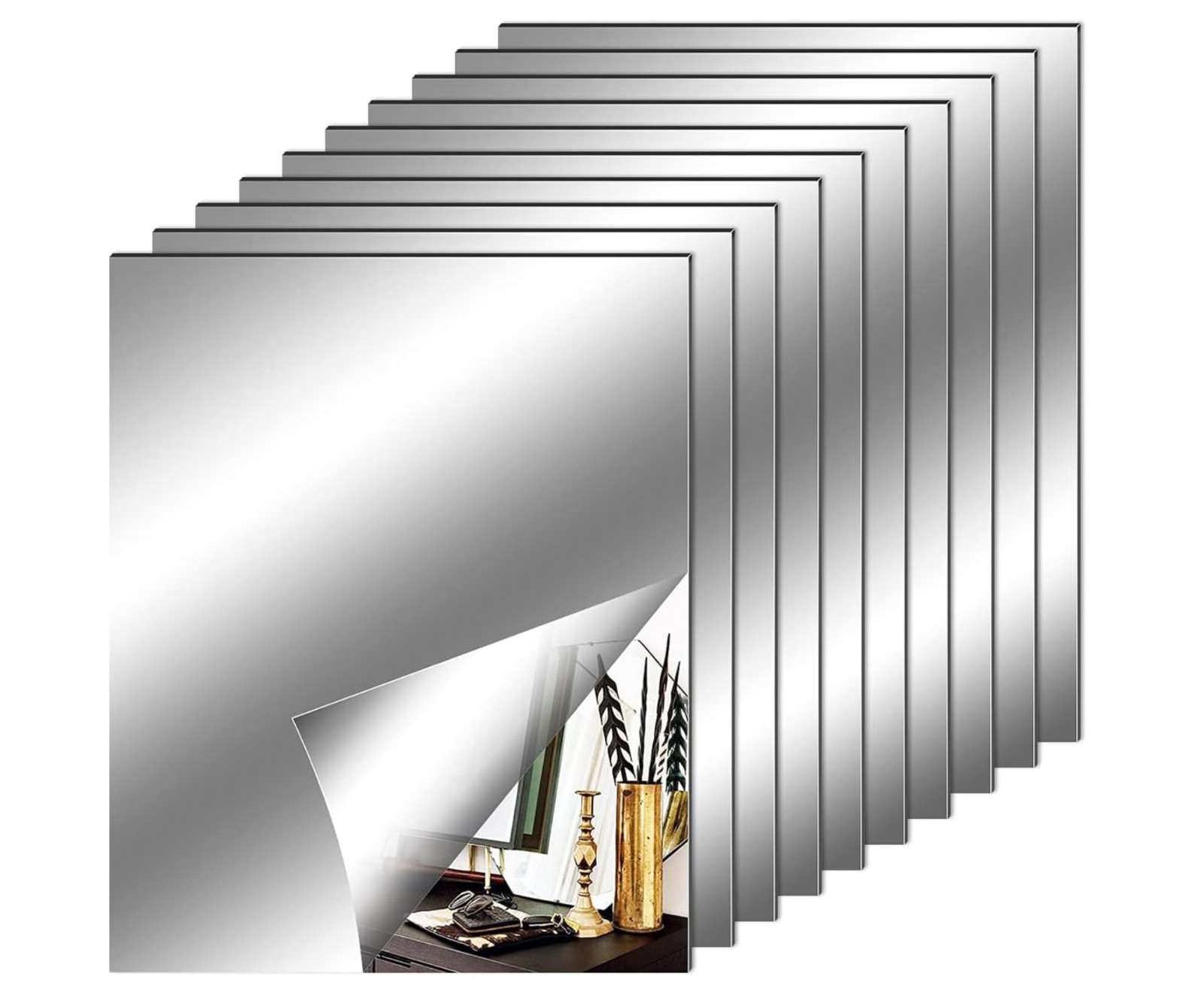 10 Pieces Flexible Mirror Sheets, Self Adhesive Decorative Plastic Mirror Tiles