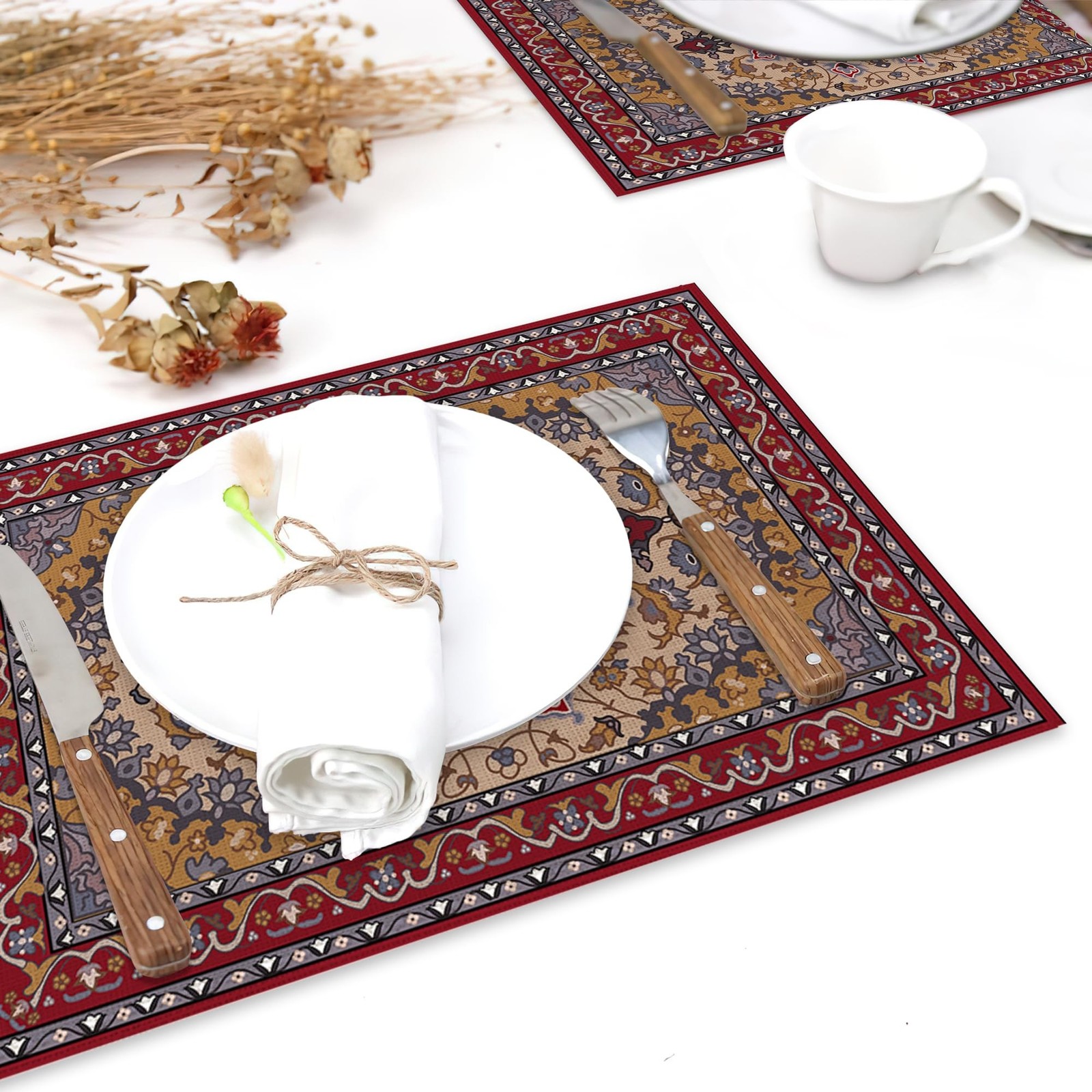 Ethnic Boho Linen Placemats Set of 6,12×18 Inch Vintage Bohemian Washable Tab…