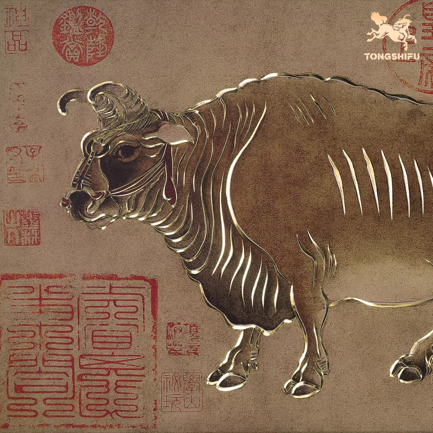 Handmade Bronze Sculpture Painting Five Oxen Chinese Style Decorative Wall Art