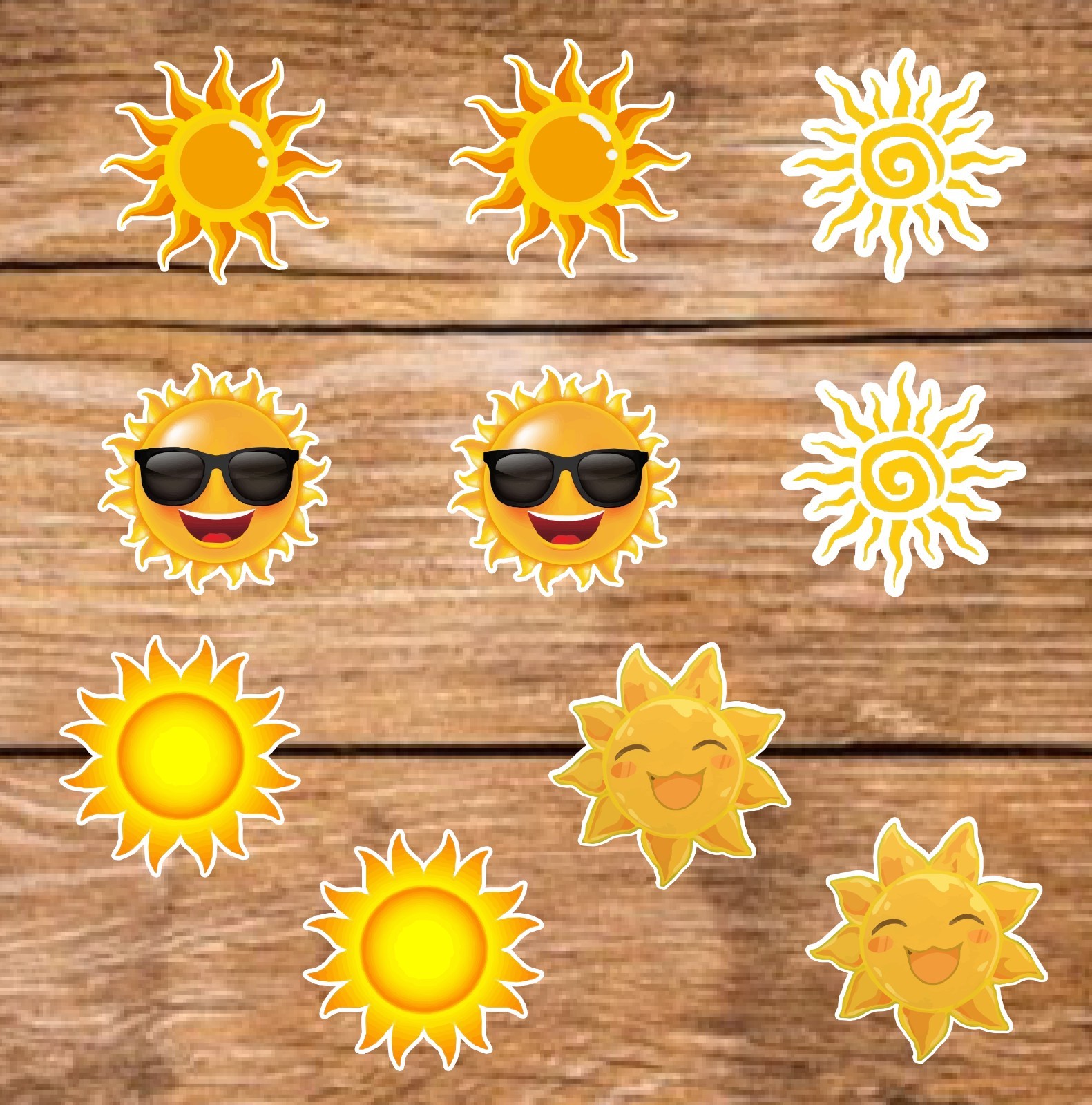 Sun – 2 Pages (20 Sticker Set) 2in, Waterproof, Glossy Finish Vinyl.