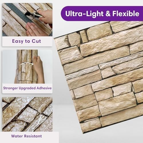 3D Faux Stone Wall Panels Peel and Stick, 10 Pcs 11.8" x 11.8", Stone-Look Te…