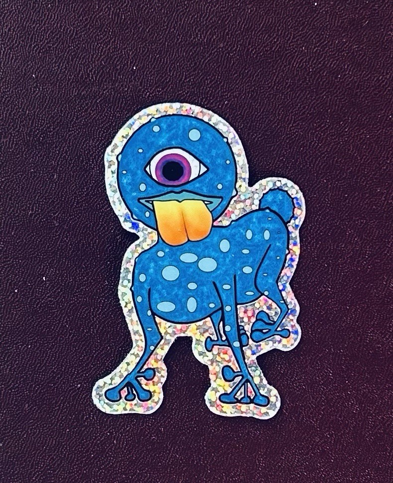 Original Vinyl Glitter Sticker Blue Mutant Space Alien Dog Creature 3” X 2”