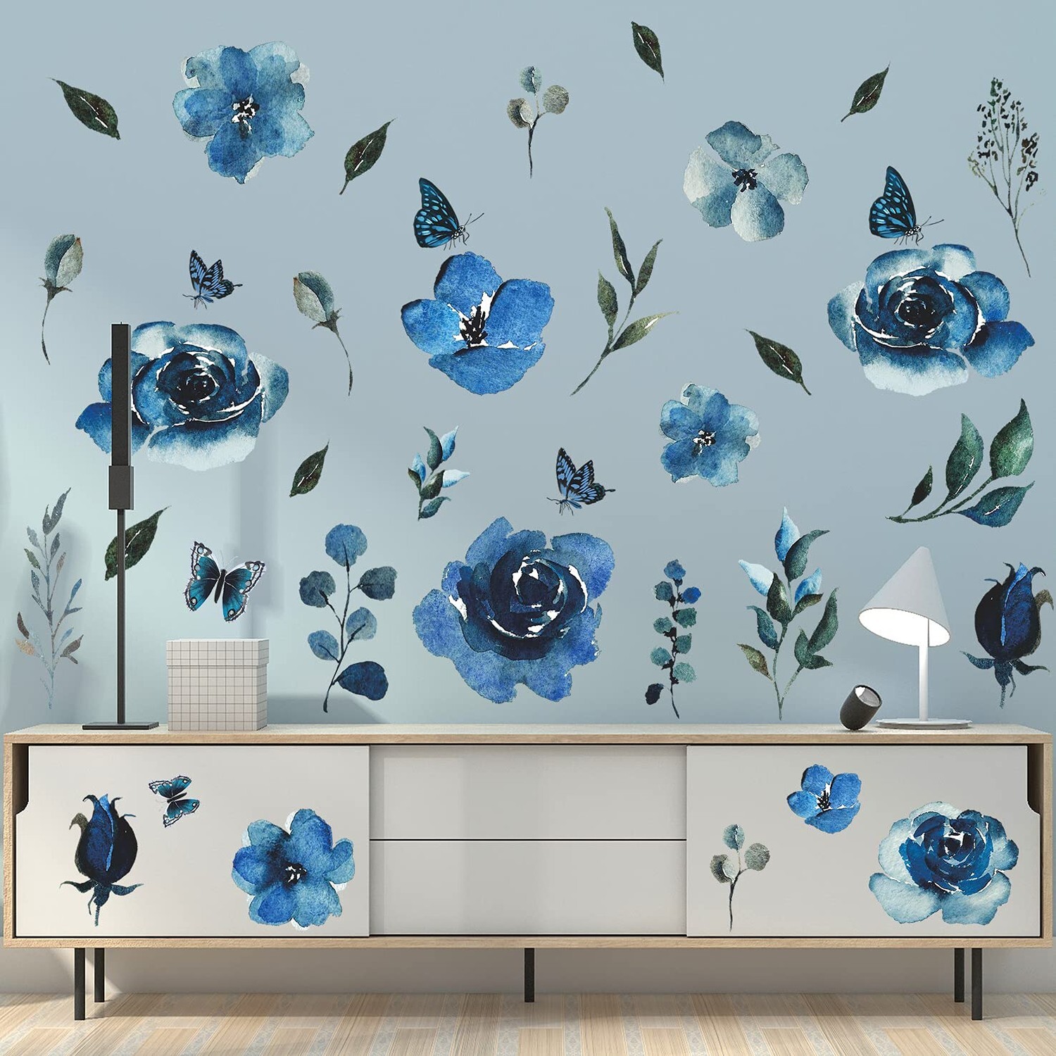 4 Sheets Watercolor Blue Roses Wall Decals Art Flowers Wall Stickers Removabl…