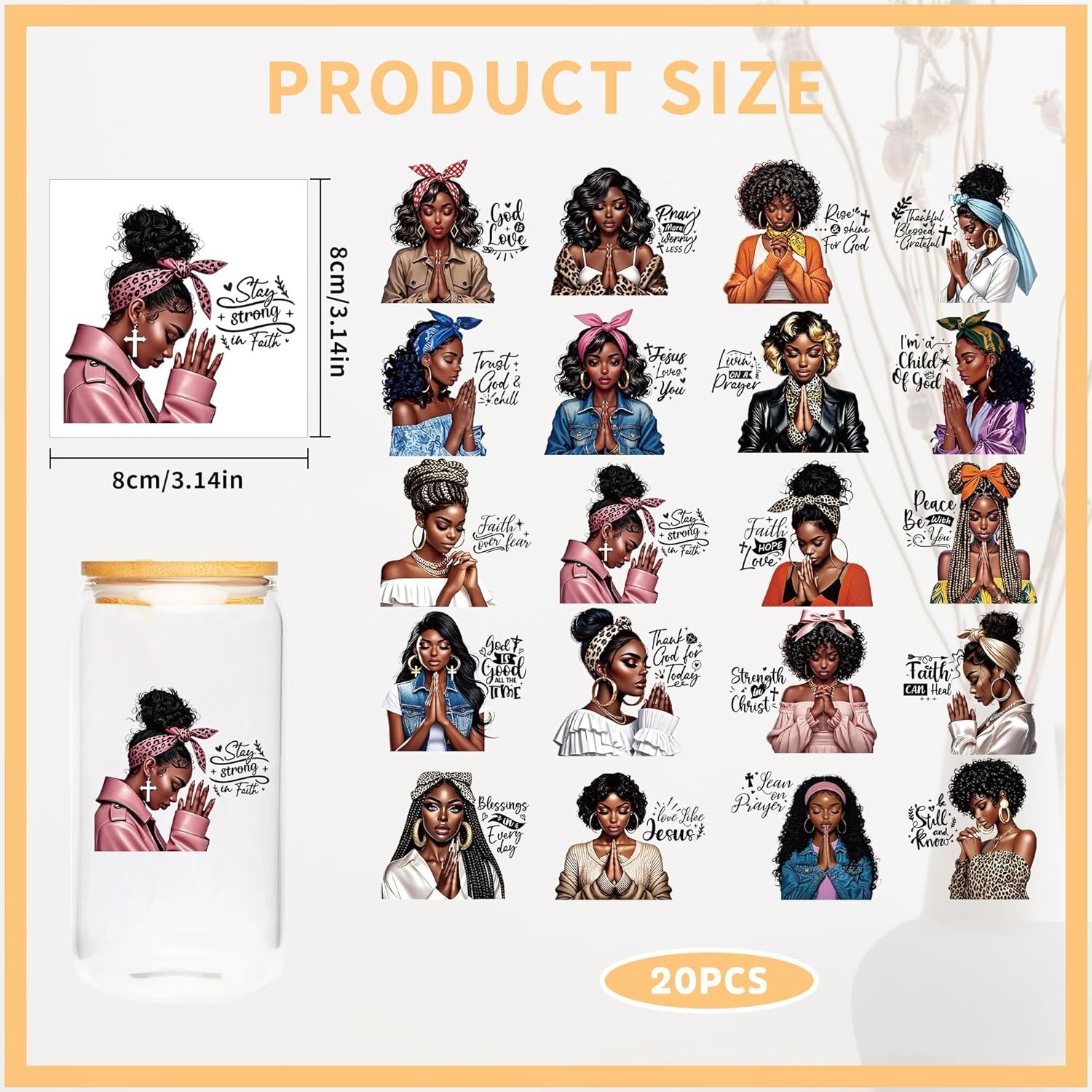 20Pcs Black Girl Pray UV DTF Cup Wraps Inspirational Waterproof Transfer Decals