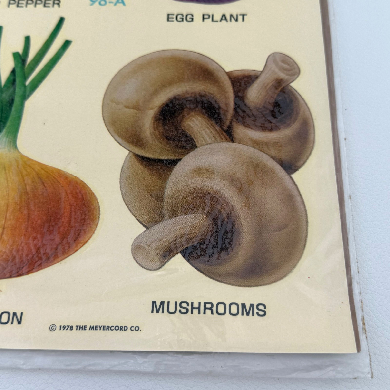 1978 Vtg Large 5" Craft Decals Mushroom Eggplant Pepper Onion Meyercord 98-A NOS