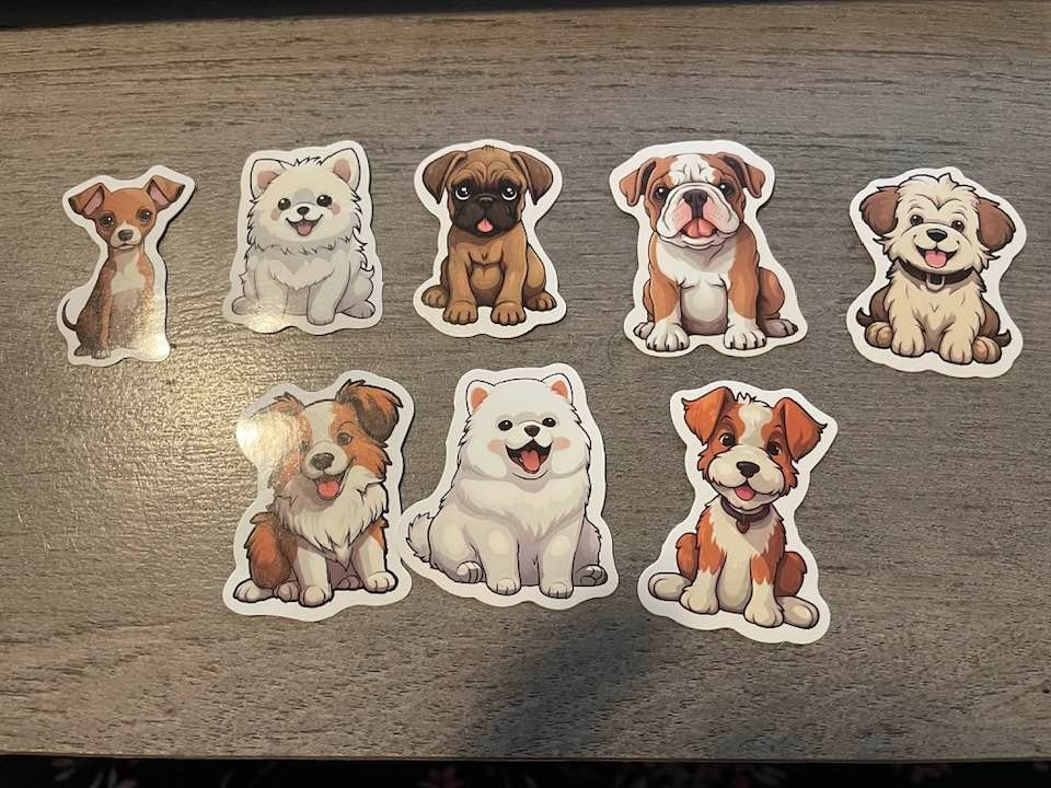 Pack of 8 Dog/Puppy Stickers/Decals–Approx. 2 inches–Cute–Great Gift!! NEW!!