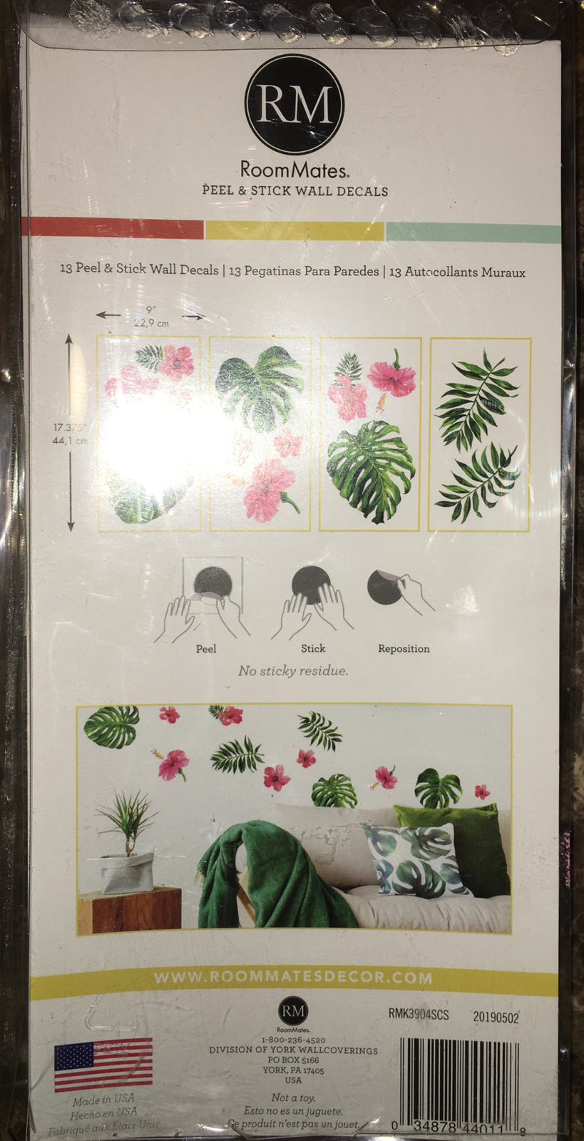 Roommates Tropical Hibiscus Flower Peel And Stick Wall Decals, Pink, Green, Oran