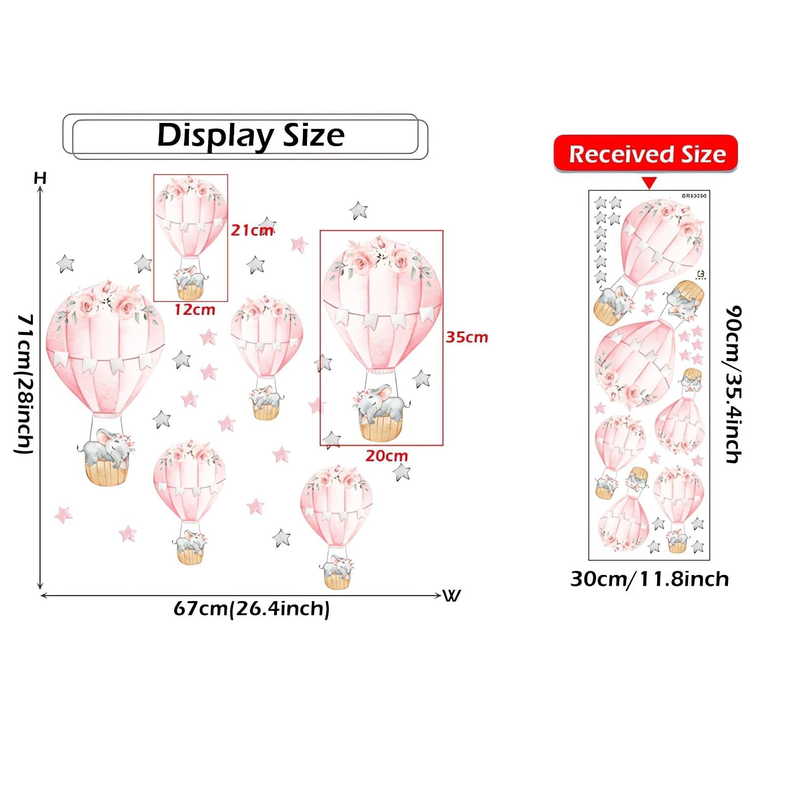 6 Pink Hot Air Balloons Sleeping Baby Elephants Stars Wall Stickers, sacinora…
