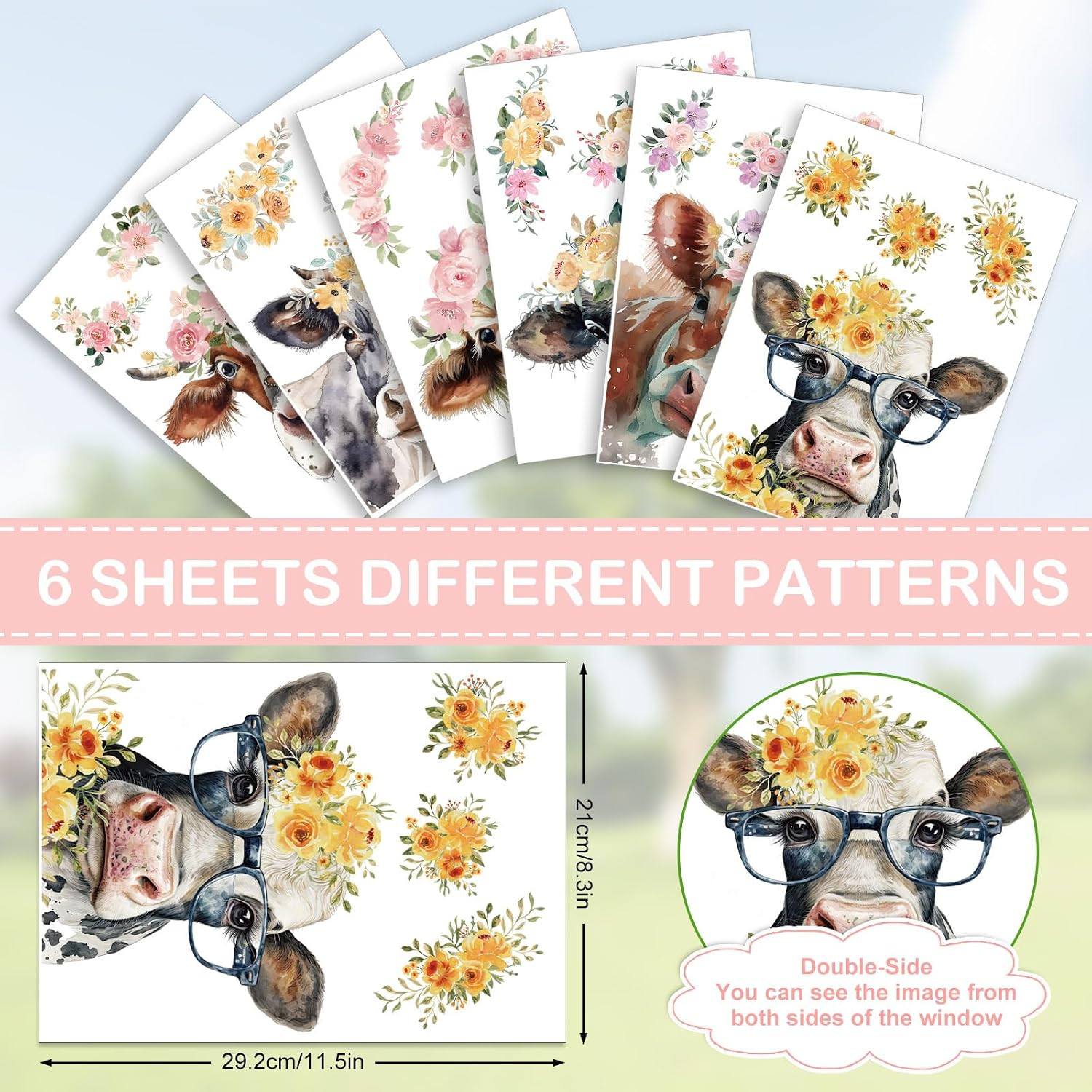 Floral Cow Window Clings Cute Cow Window Stickers Double-Side