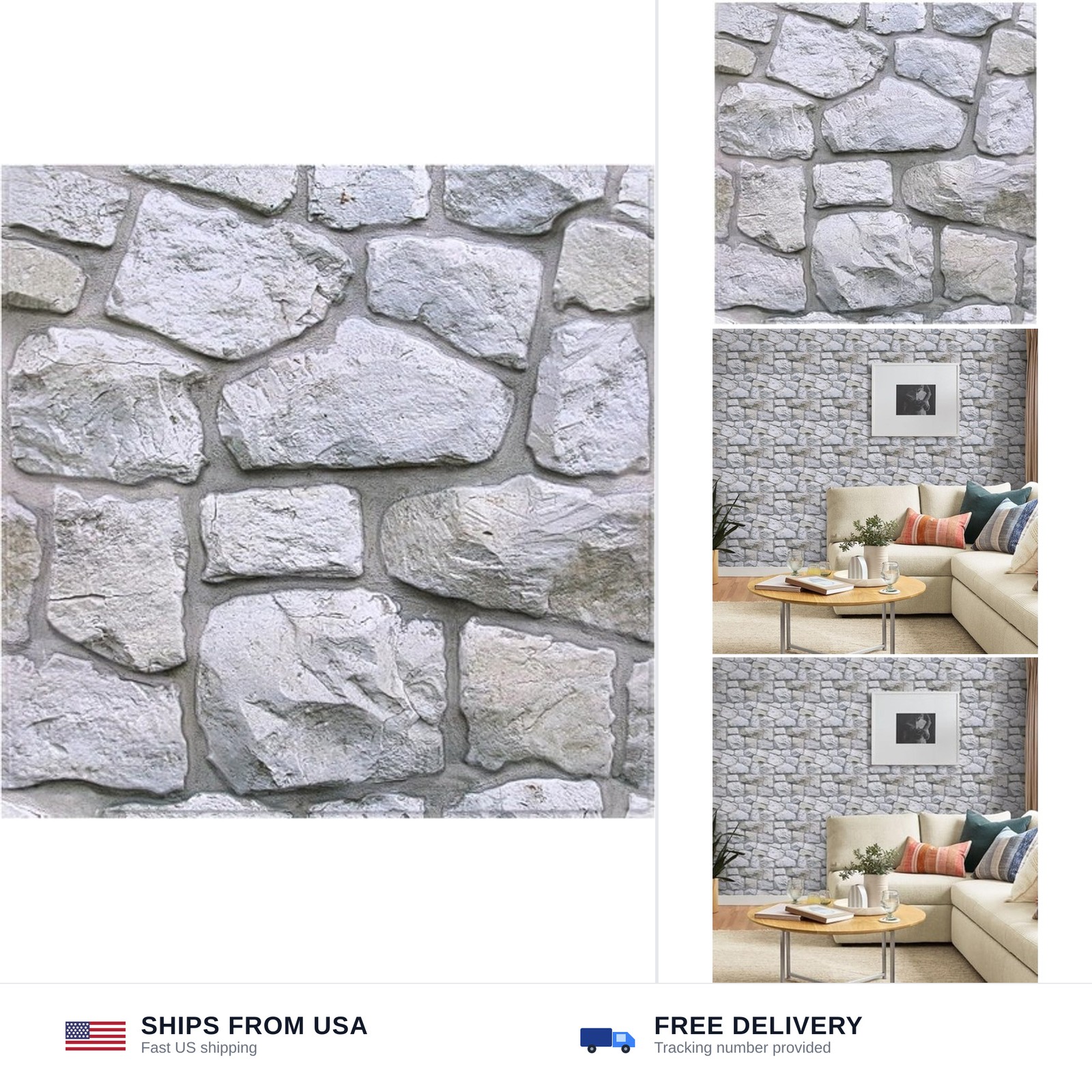 3D Faux Stone Wall Panels Peel and Stick Whitewash, 10 Pcs 11.8" x 11.8", Sto…