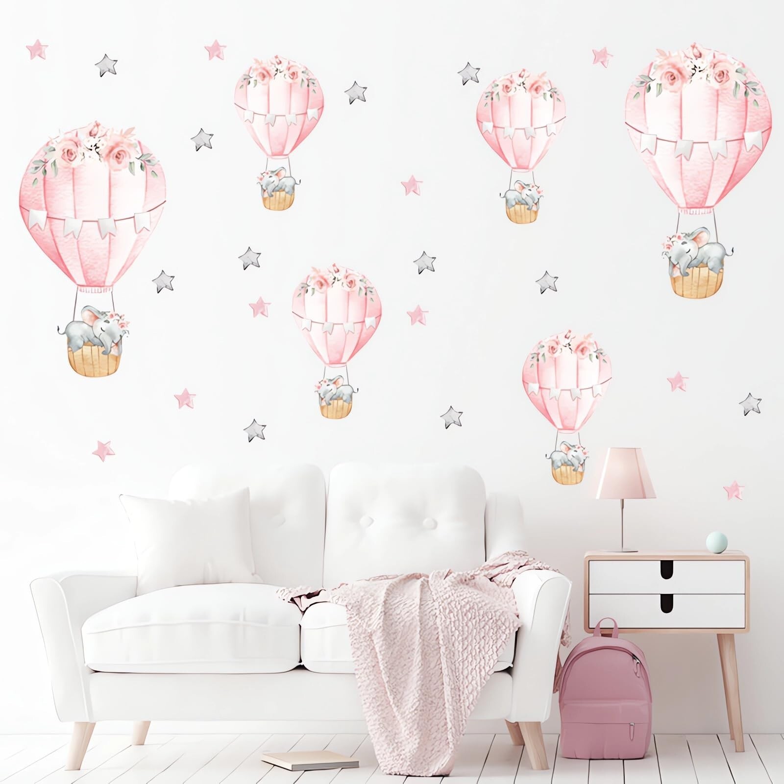 6 Pink Hot Air Balloons Sleeping Baby Elephants Stars Wall Stickers, sacinora…