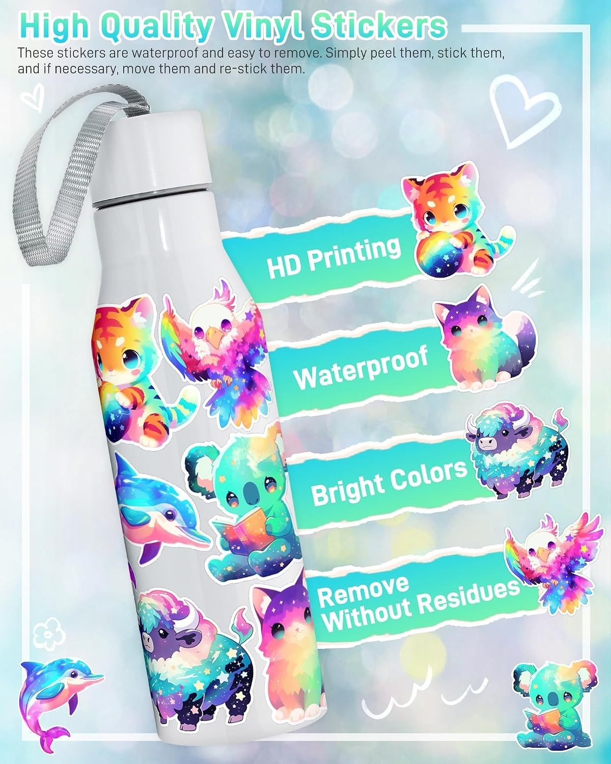 100-Pack Cute Unique Cartoon Animal Stickers for Kids Adults | Waterproof Vin…