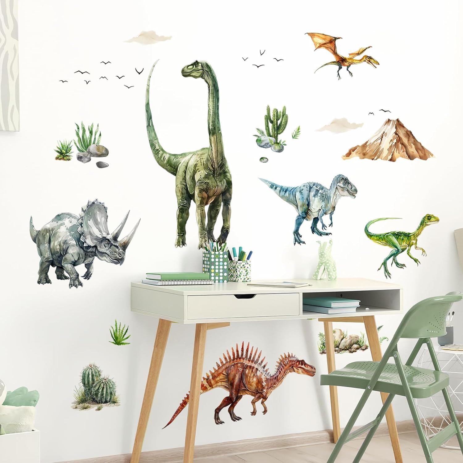 Dinosaur Wall Decals, Large Dino Wall Stickers Volcano Tropical Plants Cactus Pe