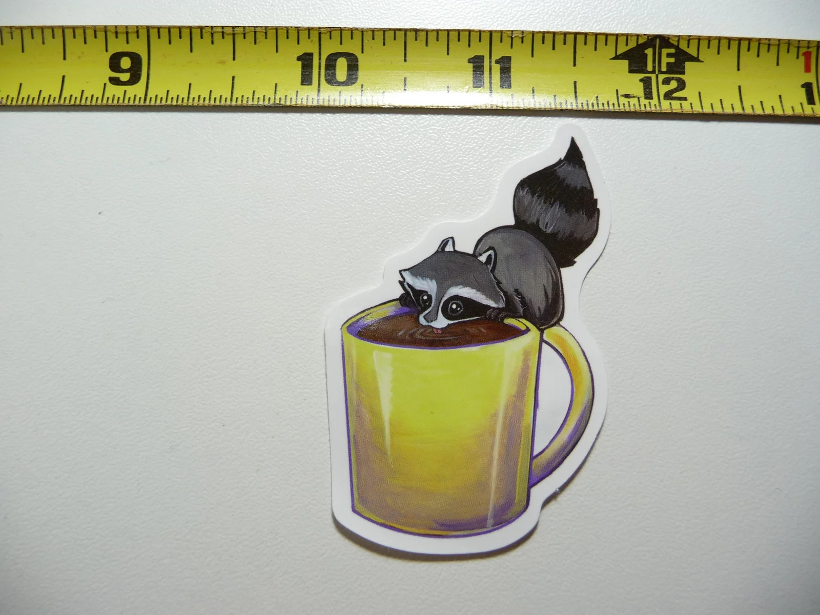 RACCOON DRINKING COFFEE SMALL STICKER DECAL WILD ANIMAL PET BANDIT MASKED